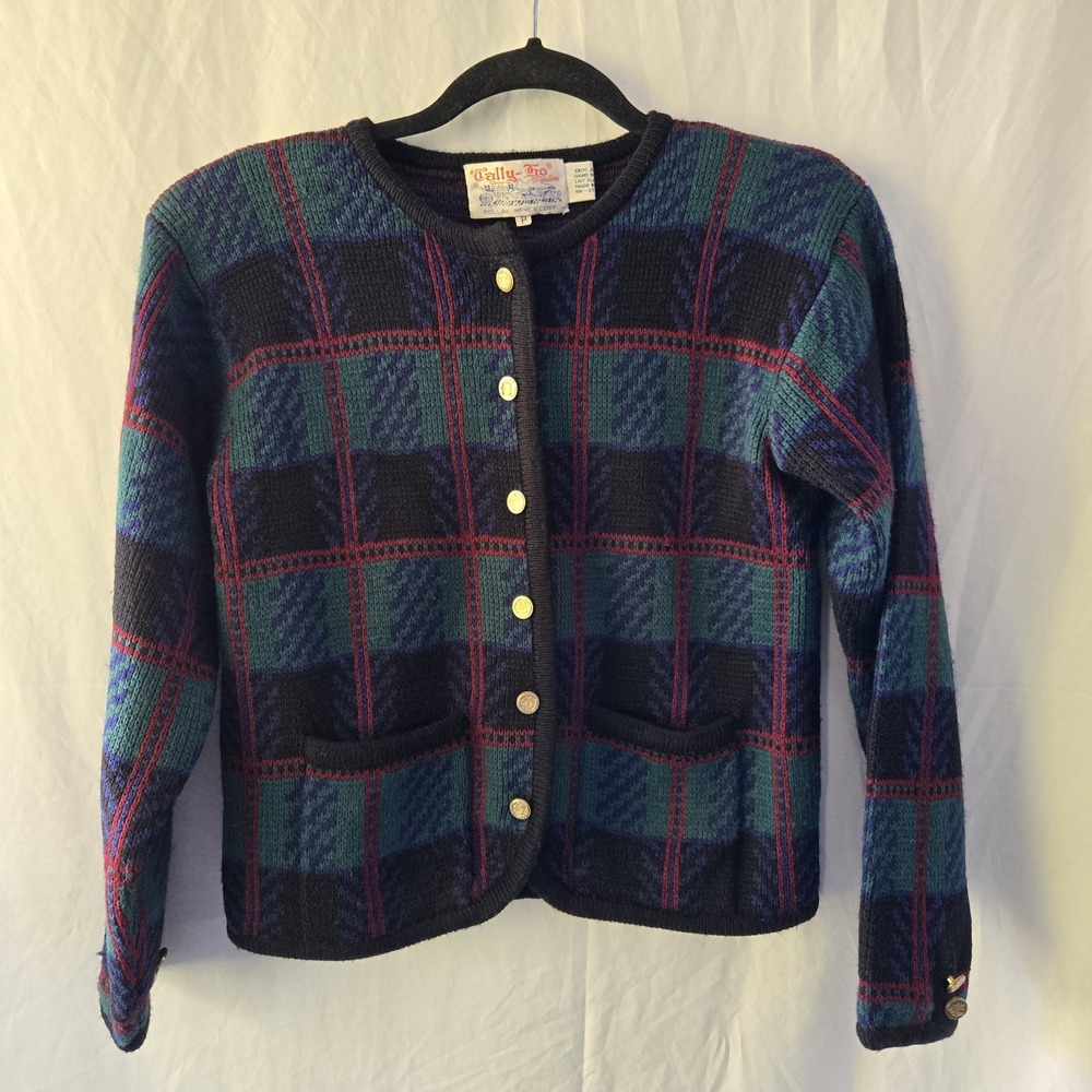 Tally-Ho Vintage Pollak Imp Plaid Cardigan‎ Button Up Pockets Women's P Or Small